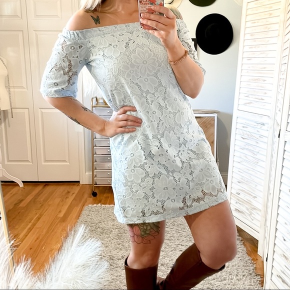 DONNA MORGAN | Off Shoulder Lace Dress in Blue Ice - Picture 1 of 10